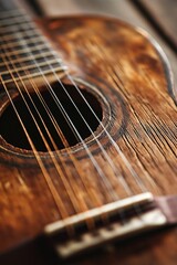 Obraz premium A close-up view of an old and rustic wooden acoustic guitar, highlighting its intricate strings and textured surface.