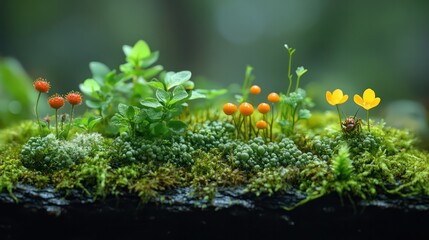 A lush green plant with a variety of flowers and mushrooms