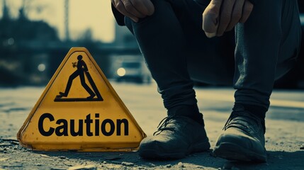 Close-up of an injured knee on the ground with a "Caution" sign nearby, highlighting the accident scene, 16:9 format, [warning signs], [injury care].