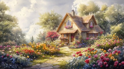 Fototapeta premium A charming cottage surrounded by vibrant flowers and a tranquil garden, evoking a sense of serenity and natural beauty.