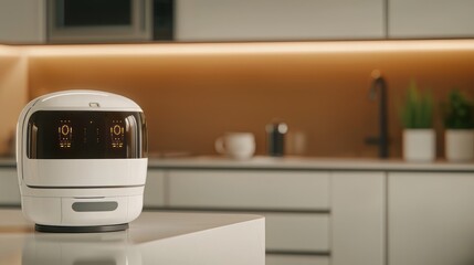 Modern kitchen equipped with a sleek smart appliance on a counter, enhancing convenience and style in home designs.