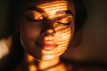 Woman’s face illuminated with light and shadow patterns symbolizing self reflection contemplation and the quiet power of introspection