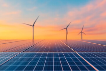 Sustainable energy concept with solar panels and wind turbines during a beautiful sunset.
