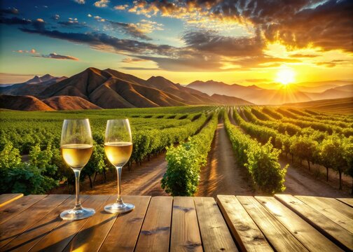 vibrant green vineyards at sunset near Omaruru Namibia with rolling hills and sparkling wine glasses in warm golden light and rustic wooden accents