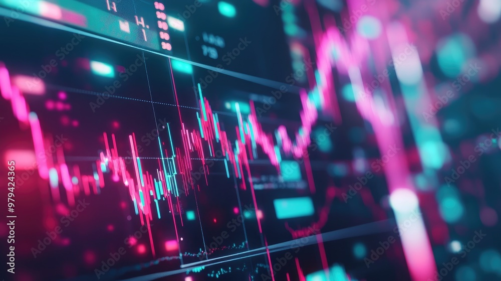 Poster close-up of a stock chart with dynamic candlestick patterns and fluctuating lines on a digital scree