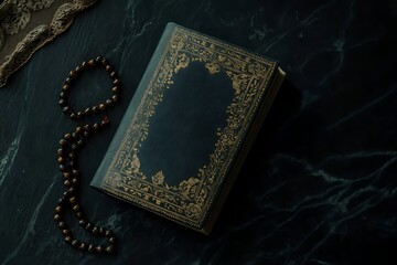 Fototapeta premium Quran and rosary on a black background with copy space