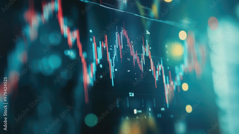 Poster close-up of a stock chart with dynamic candlestick patterns and fluctuating lines on a digital scree