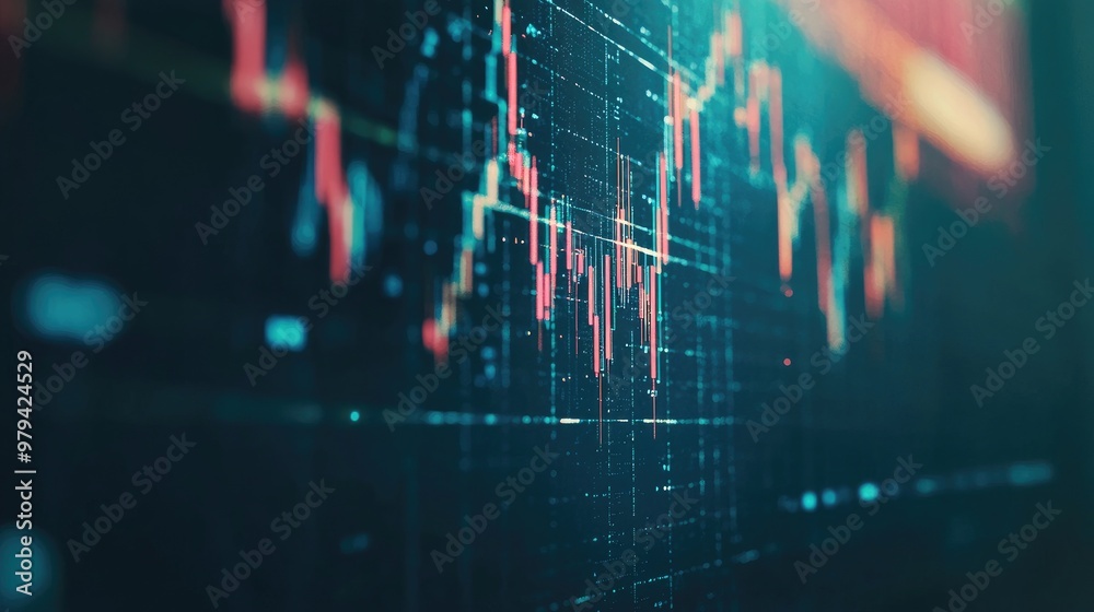 Poster close-up of a stock chart with dynamic candlestick patterns and fluctuating lines on a digital scree