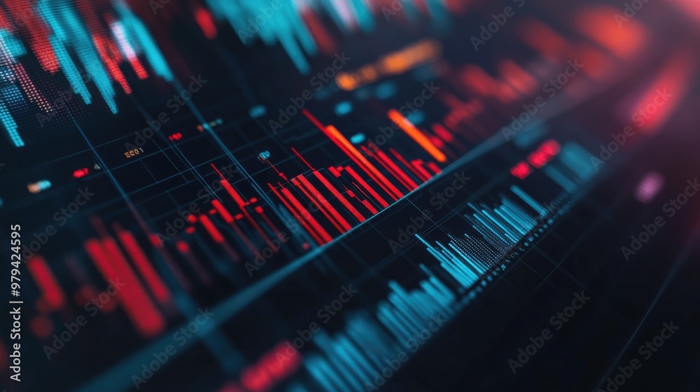 Poster close-up of a stock market analysis chart with a mix of bar graphs and line graphs highlighting key 