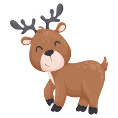 Cute vector fawn, isolated on white background. Cartoon forest character in flat vector style. Deer as a symbol of Christmas and holiday. Cute polar animals.