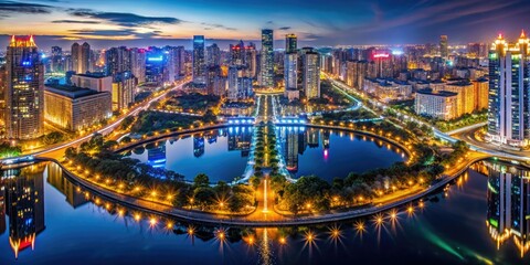 Nighttime Cityscape Aerial View Neon Lights Reflected Water Symmetry