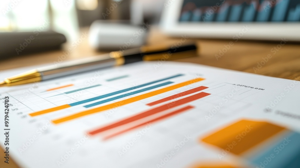 Poster close-up of a stock market analysis chart with a mix of bar graphs and line graphs highlighting key 