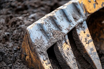 Excavator bucket covered with soil is digging on the construction site. Earthmoving works in progress, building industry