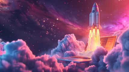 Startup Momentum Digital Rocket Launching from Laptop [created with generative AI technology]