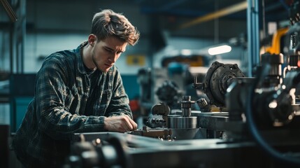 A machinist inspecting a finished product created with machine tools, surrounded by equipment.