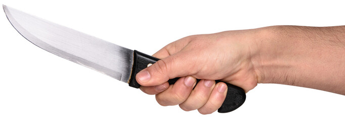 Hand holding a knife used for cutting meat, fruits and vegetables, looking old.