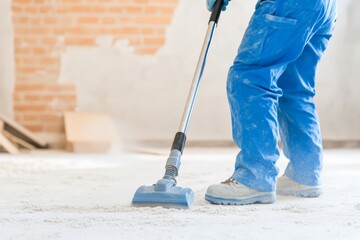 A worker cleaning a floor with a vacuum, demonstrating cleanliness and attention to detail in a construction site.