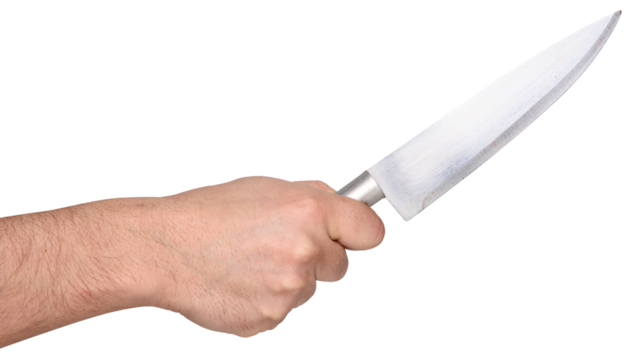 Hand holding a knife with a wooden handle used for cutting barbecue.