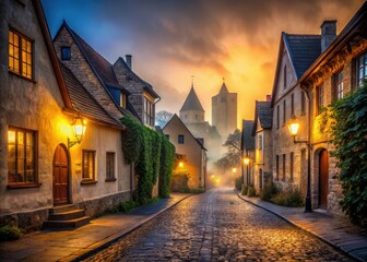 Visby's cobblestone streets, mystic misty dawn, ancient historic buildings, subtle sepia tones, eerie silence, mysterious mood, cinematic lighting concept