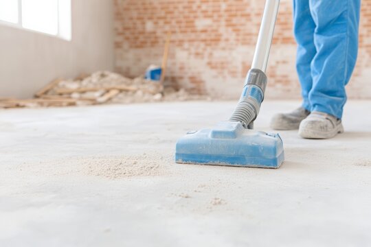 A worker cleaning a floor with a vacuum, demonstrating cleanliness and attention to detail in a construction site.