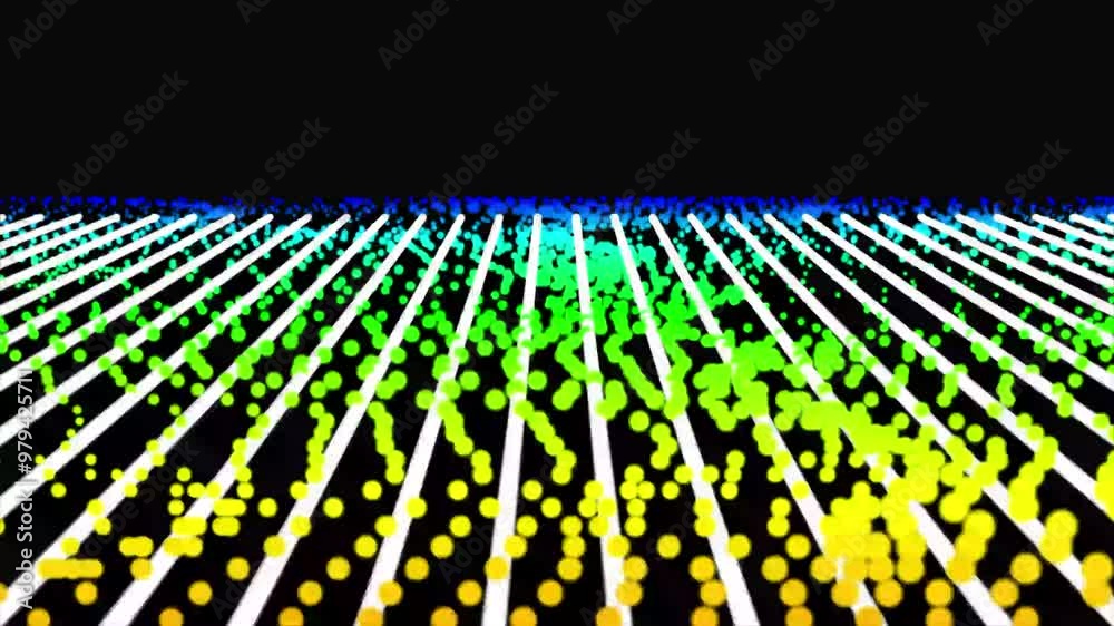 Poster abstract grid magical light on black background. motion. science background with moving dots and lin