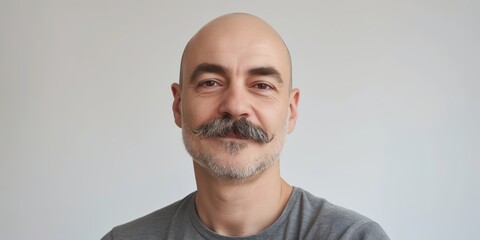 Fototapeta premium A man with a mustache and gray hair is smiling. He is wearing a gray shirt and is standing in front of a white wall
