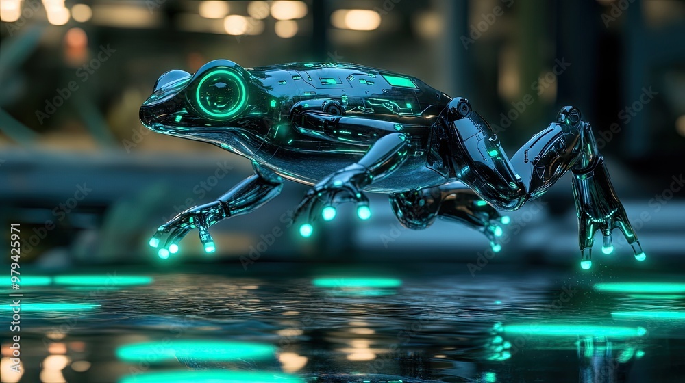 Wall mural a futuristic robotic frog leaping across a neon pond, with sleek metal limbs and glowing green senso