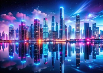 Stunning surreal futuristic neon-lit cityscapes with futuristic skyscrapers and reflections