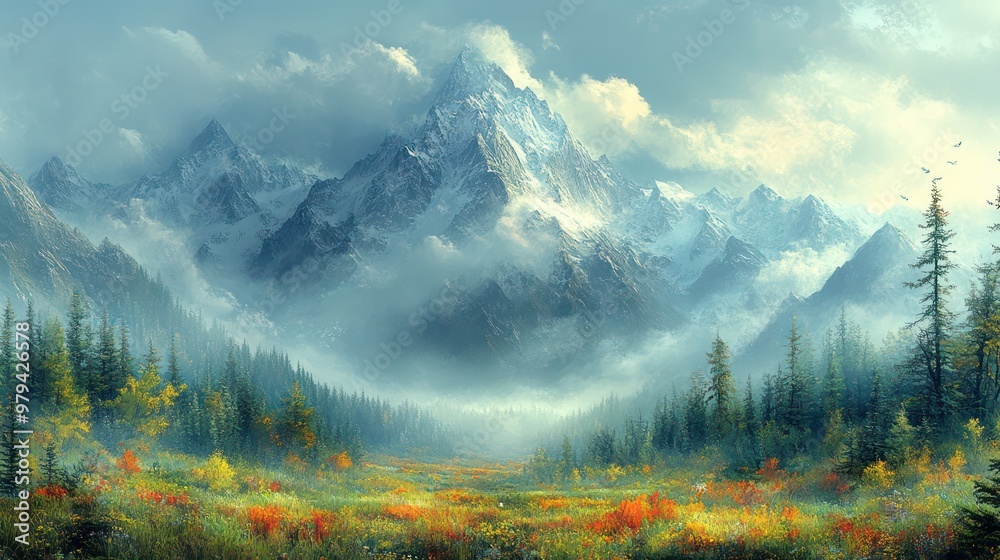 Poster A mountain range with a forest in the foreground