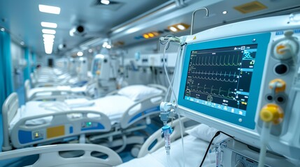 Nurses monitor vital signs on advanced screens while preparing for patient care in a sleek, well-lit critical care ward at night