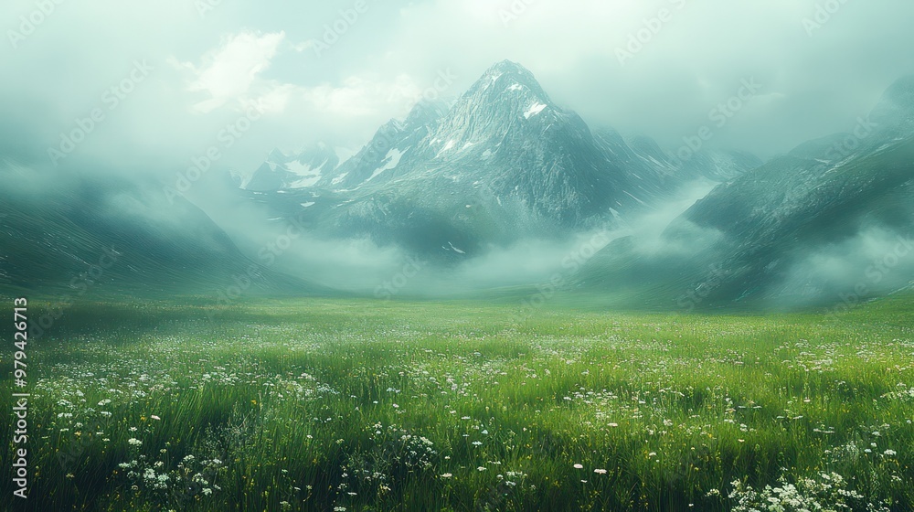 Poster a mountain range covered in snow and a field of grass