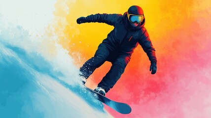 Action-packed snowboarder carving through vibrant snow against a colorful backdrop, showcasing adventure and excitement in winter sports.
