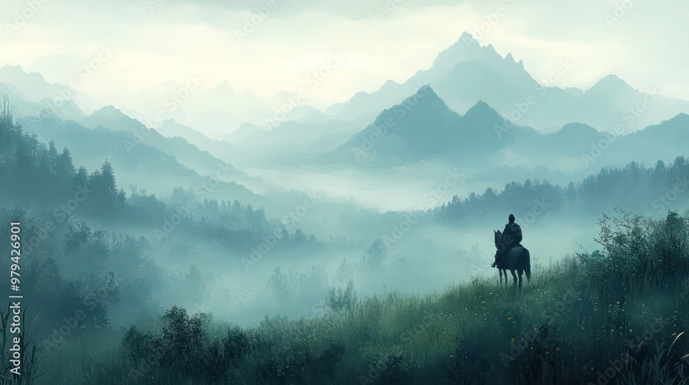Poster a man is riding a horse in a lush green field with mountains in the background