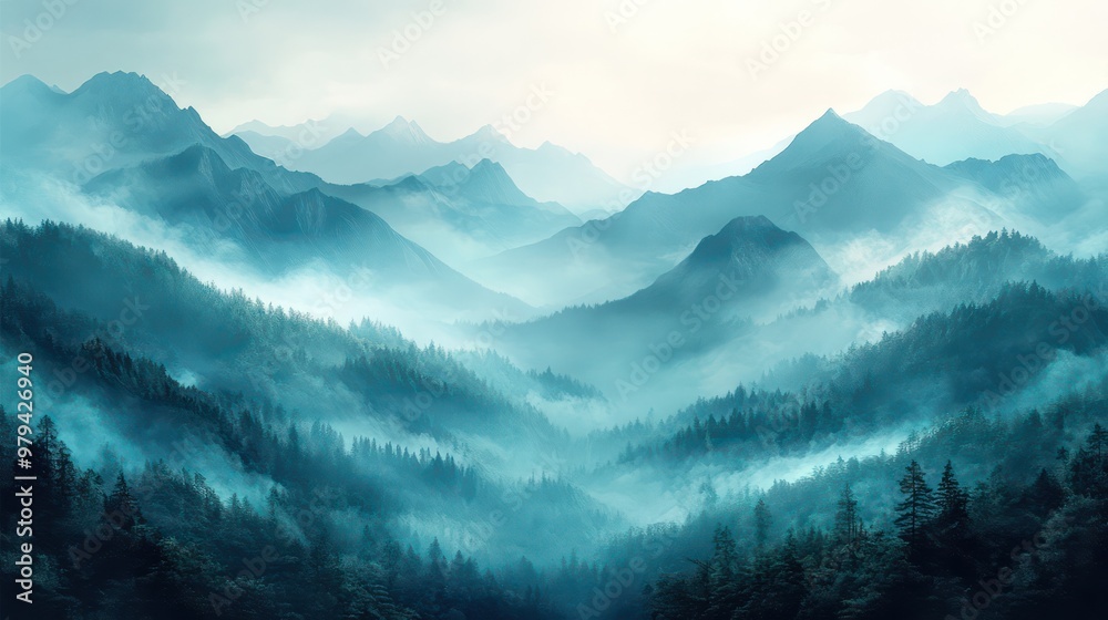 Poster the mountains are covered in a thick layer of fog, creating a serene