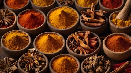 Fresh spices in a bowl perfectly arranged in spicy food market.