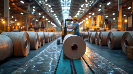 Inside a vibrant factory, a dedicated worker carefully maneuvers large paper rolls along a conveyor belt, immersed in the warm glow of industrial lights