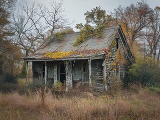Obraz premium An abandoned wooden cabin in the middle of a field with overgrown vines covering the roof and walls.