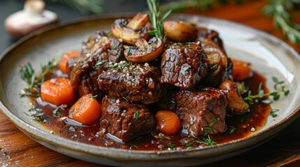 Highlight the richness and complexity of flavors in a plate of beef bourguignon, featuring tender beef stewed in red wine