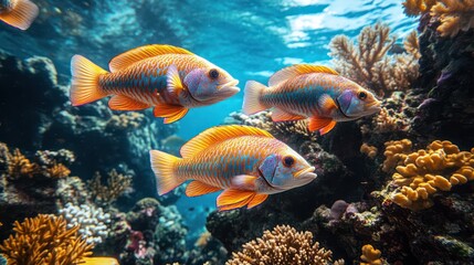 Obraz premium Three fish swimming in the ocean with coral in the background