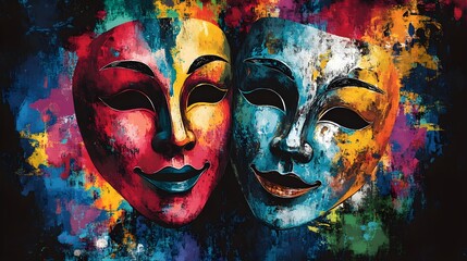 Create a t-shirt celebrating the performing arts by blending dramatic masks with musical elements, representing the fusion of theater and music, close up, cultural celebration theme, whimsical