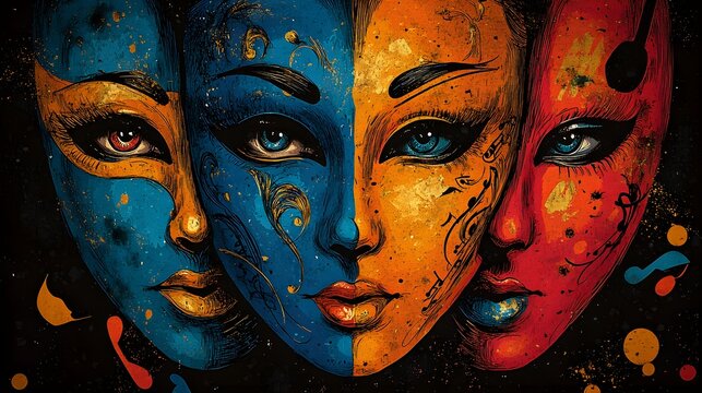 Create a t-shirt celebrating the performing arts by blending dramatic masks with musical elements, representing the fusion of theater and music, close up, cultural celebration theme, whimsical