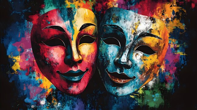 Create a t-shirt celebrating the performing arts by blending dramatic masks with musical elements, representing the fusion of theater and music, close up, cultural celebration theme, whimsical