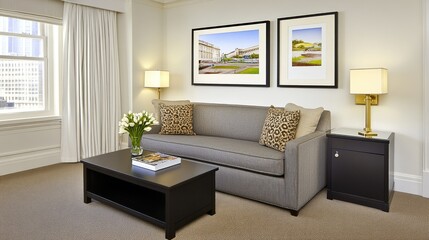 A beautifully arranged living room features a sophisticated tufted beige sofa adorned with decorative pillows, accompanied by framed artwork and a stylish side table with a lamp