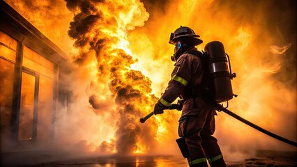 Fototapeta premium silhouetted dramatic volunteer volunteer firefighter smoke-filled emergency response training