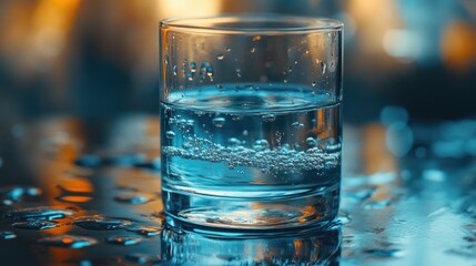 Detailed shot of a glass of water with a soft focus background and a gentle ripple on the surface