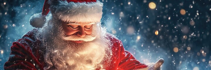 Cheerful Santa Claus reads a letter by the fireplace, surrounded by Christmas decorations and gentle snowfall, creating a festive atmosphere.