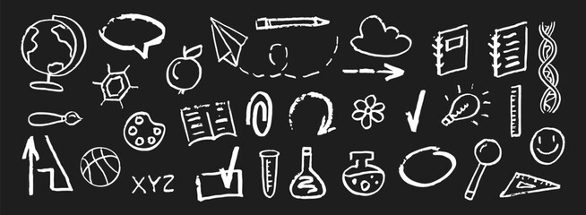 Handdrawn chalk or crayon school elements set. 