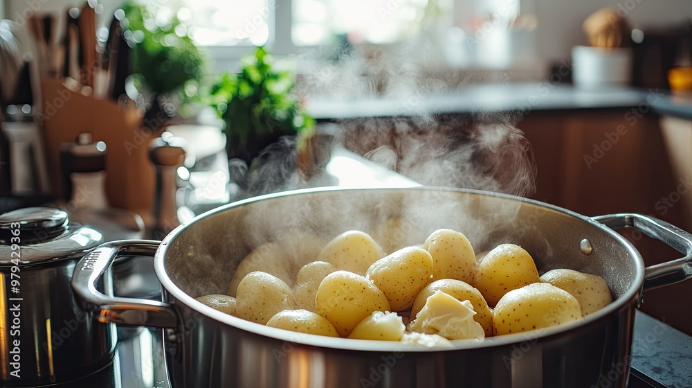 Wall mural A pot filled with boiled potatoes, perfectly cooked, ready to be mashed with butter and salt, soft steam rising, with a kitchen counter in the background