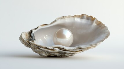 Naklejka premium A pristine pearl sitting inside an open oyster shell, with the shiny nacre interior visible, against a plain white background for contrast.