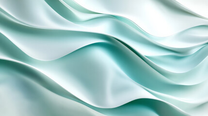 Obraz premium A calming 3D wave pattern in soft pastel blues and greens, flowing gently across a smooth white backdrop, with delicate shadows and light reflections enhancing the depth.